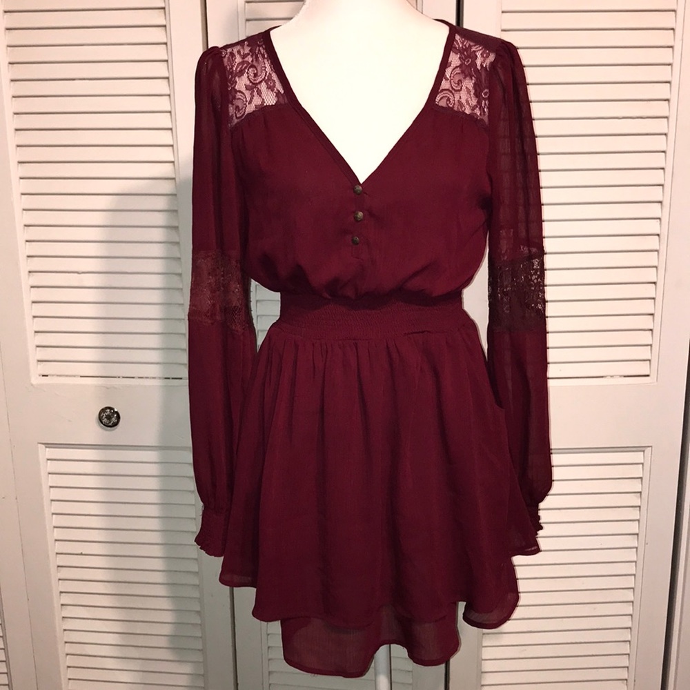 Double Zero Burgundy Chiffon Mini dress w/ Smocked waist & Lace!